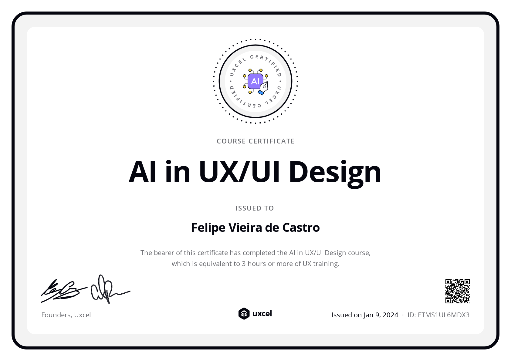 Felipe Vieira de Castro's certificate